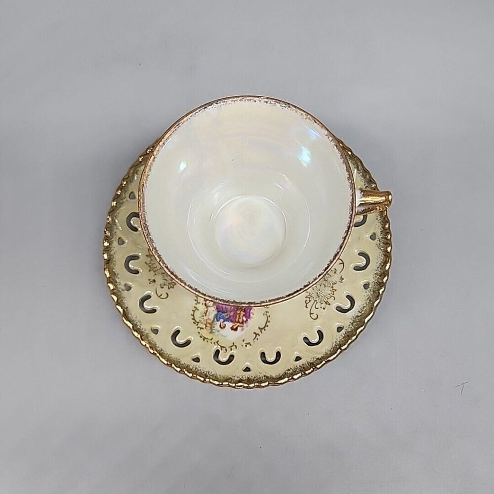 Vintage Enesco Tea Cup & Saucer Set Iridescent Gold Edge Victorian Women - Picture 3 of 8